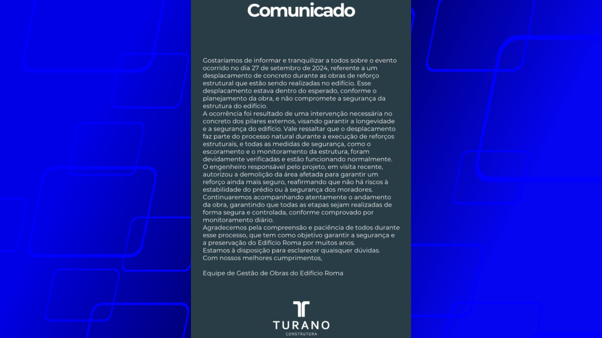 Construtura Turano envia Comunicado